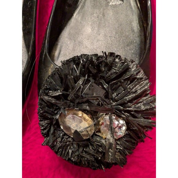 Tory Burch Black Jelly Ballet Flats Pom Pom Gem Embellished Shoes Women’s 7.5 - Picture 3 of 9